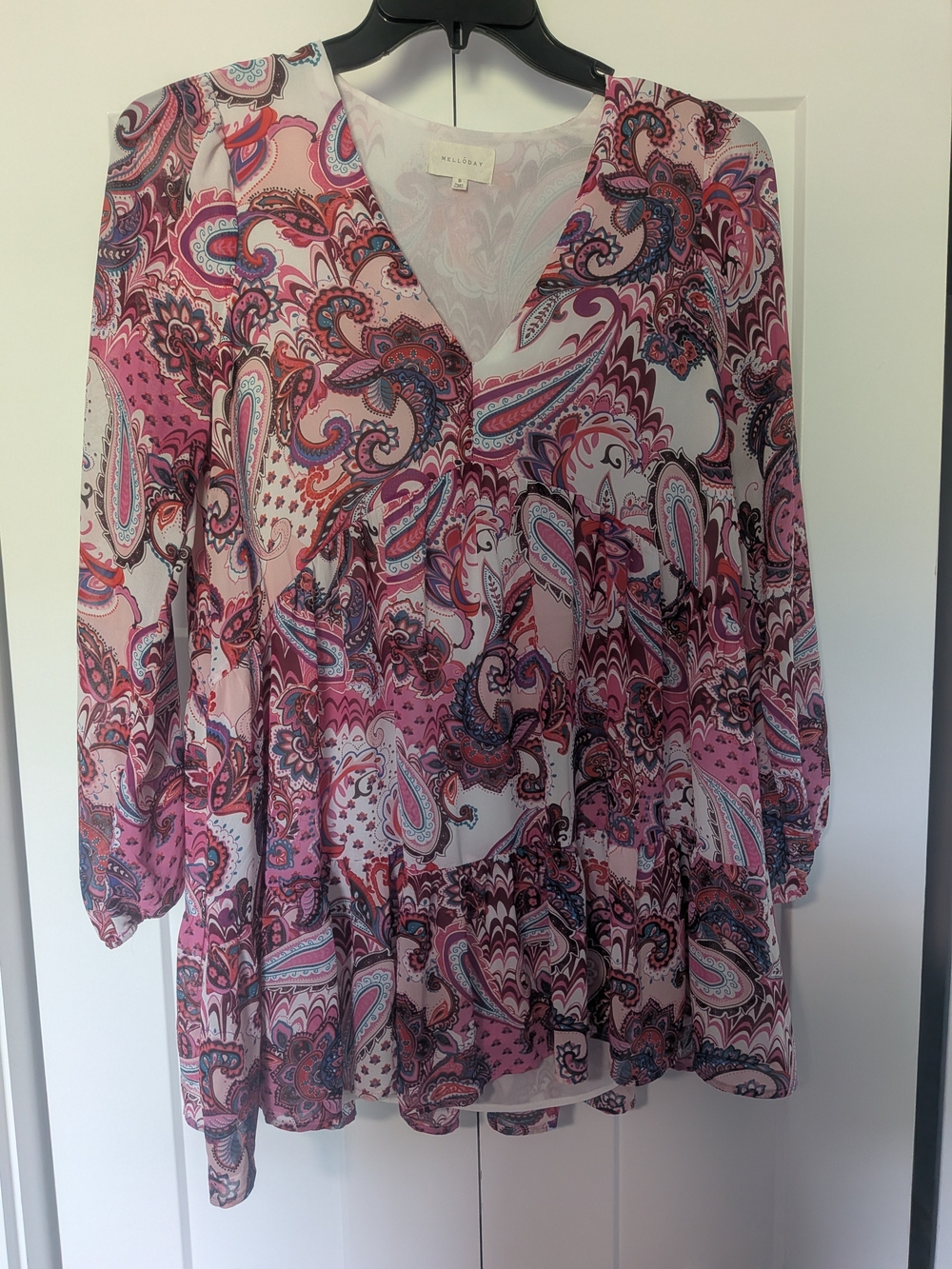 Melloday Womens Blouse Top  Size S Paisley Long  Sleeve Pink Red W/ Ruffle